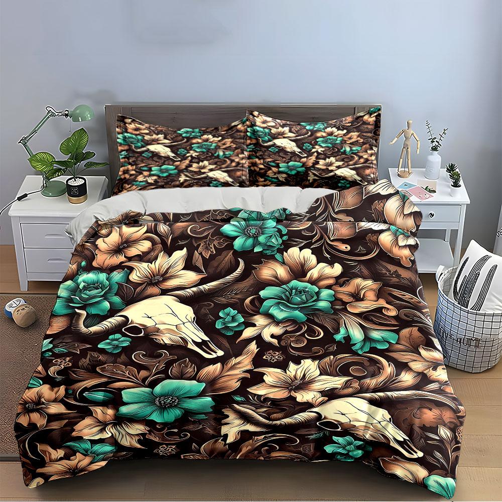 Skull and Floral Pattern Design Bedding Duvet Cover Set (1*Duvet Cover 2*Pillowcases, without duvet insert)