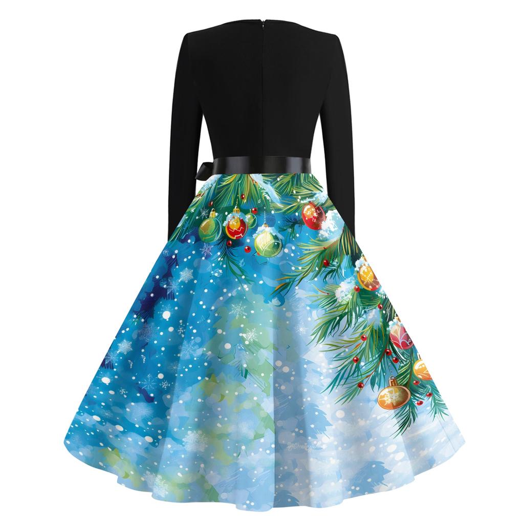 Женские повседневные модные длинные платья с рождественским графическим принтом и длинными рукавами в винтажном стиле