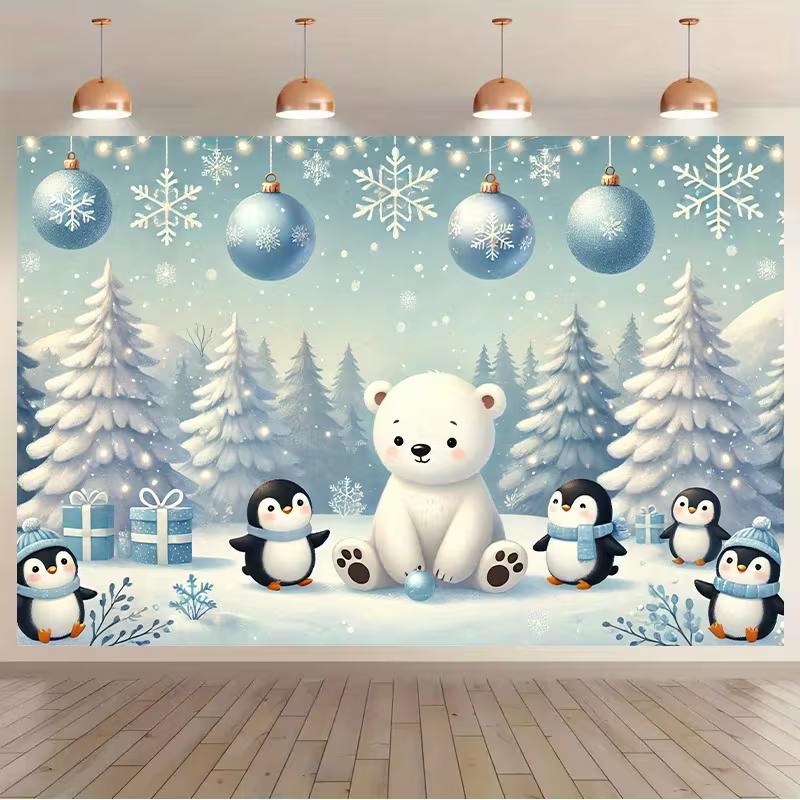 2D Winter Snowy Forest Polar Bear Penguin Christmas Backdrop Kids Xmas Wall Tapestry