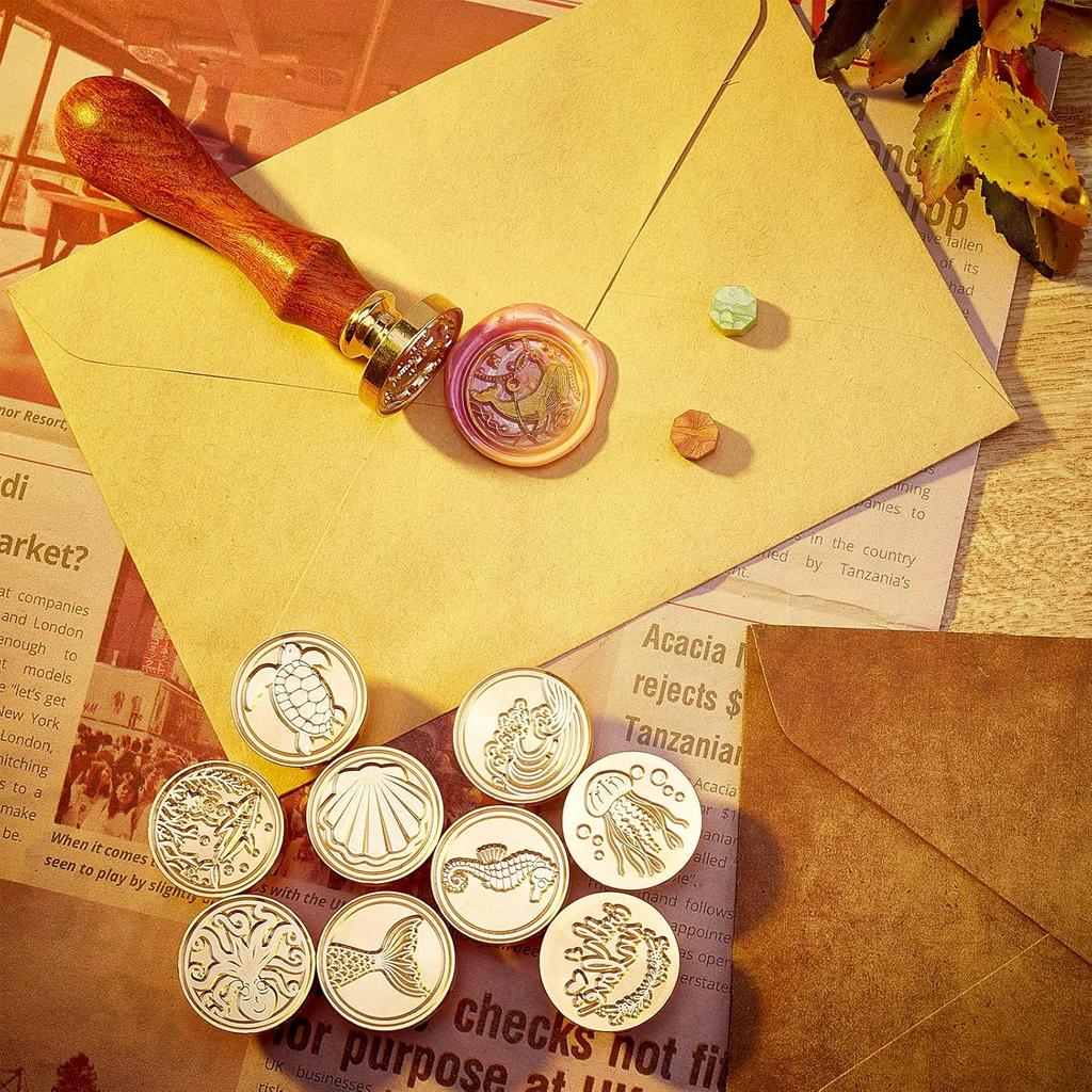 CRASPIRE Ocean Theme Wax Seal Stamp Kit Whale Turtle Shell Sealing Wax Stamp 25mm 8Pcs Removable Brass Heads 1pcs Wood Handles 1 Box for DIY