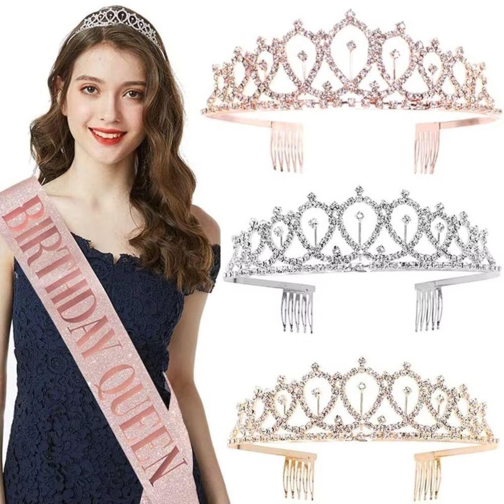 2Pcs/Set Glitter Birthday Tiara Gold Crystal Crown New Birthday Party Crown Sash 18 21 30 40 50th