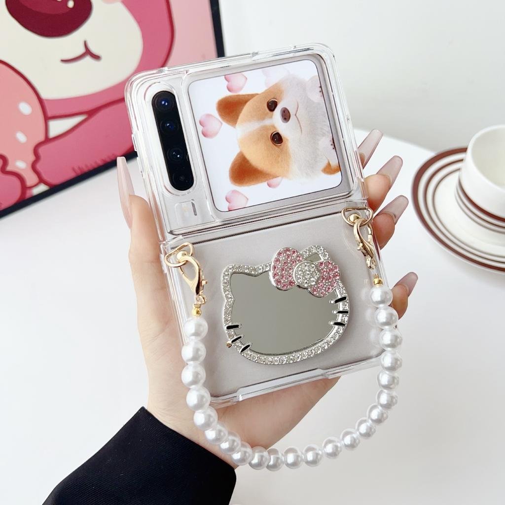 Подходит для Huawei PuraX складной прозрачный мультяшный зеркальный портативный с жемчужной цепочкой чехол для P50Pocket2