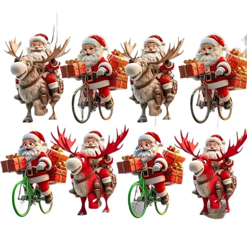 8pcs Christmas Wooden Bicycle Santa Claus 2D Flat Wooden Pendant Christmas Tree Decoration Perfect Holiday Gift Decor