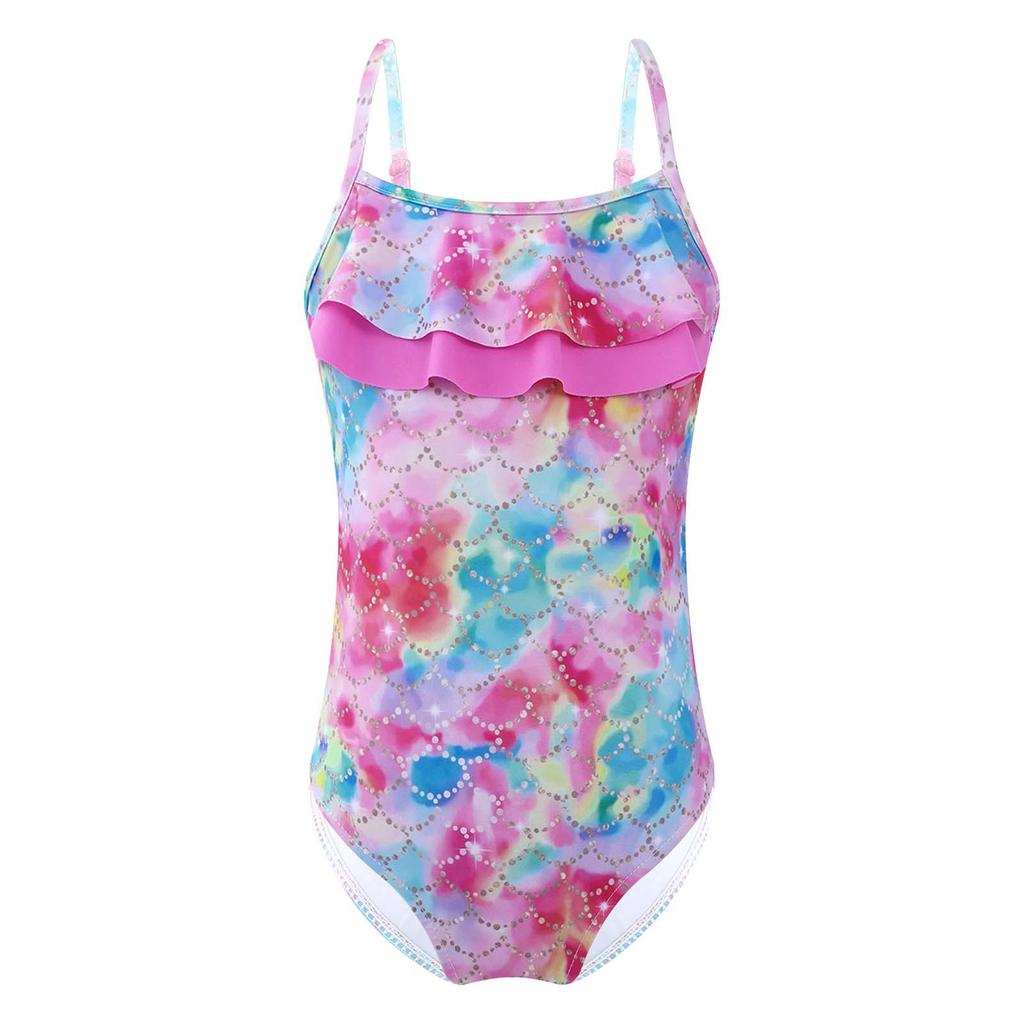 Детский цельный комбинезон для девочек, купальный костюм, регулируемые бретели, рюшами по краю, с принтом и вырезами, открытая спина, купальный боди