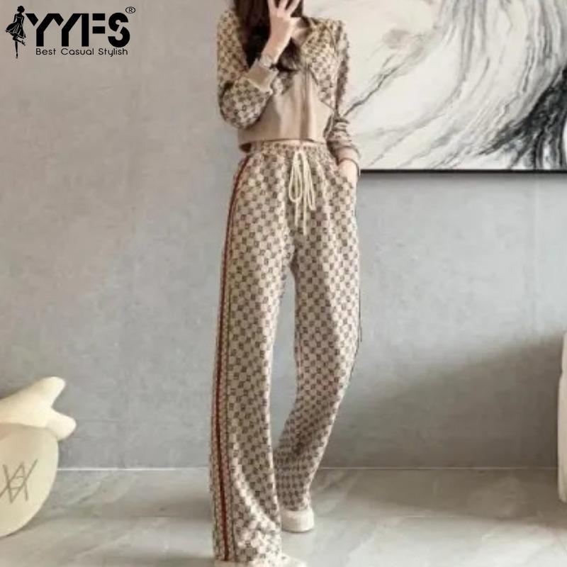 YYFS Женская мода повседневная весна осень клетчатый принт с длинным рукавом с капюшоном брюки костюмы