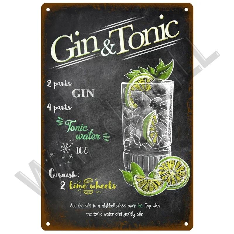 Metal Sign Vintage Tin Signs Retro Decorations Gin & Tonic Cocktail Plate Decorative Poster Plaque Bar Kitchen Home Wall Decor