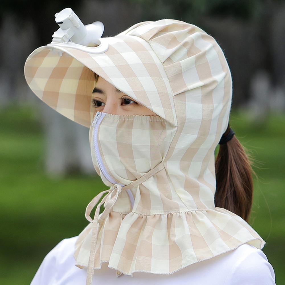 Women Summer Sun Hat Face-covering Neck Protective Windproof Sunshade Sunscreen Striped Hat With Fan