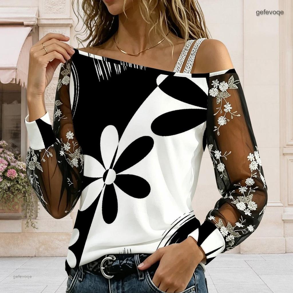 Women Plus Size Asymmetric Off Shoulder Long Sleeve Black White Printed Floral Mesh T Shirt