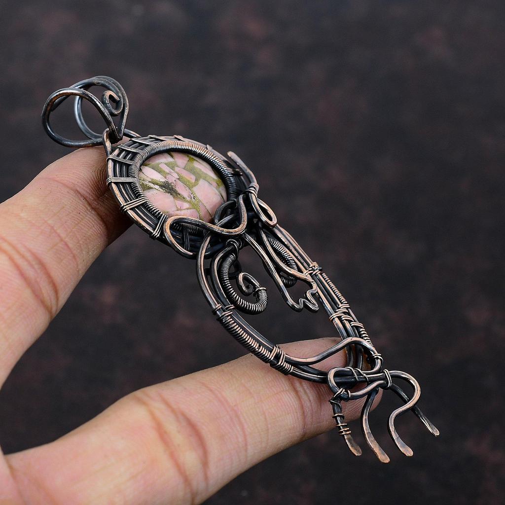 Медный Кулон с Розовым Опалом Медная Проволочная Оправа Ювелирные Изделия Кулон с Драгоценным Камнем Стильный Кулон Украшения Ручной Работы Медная Проволочная Оправа Кулон Подарок Для Неё