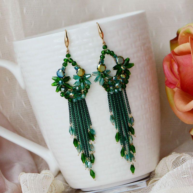 Серьги из бисера, хрустальная округлость, кисточка, цепочка, ручная вязка, богемный сплав, модные простые серьги из рисовых бусин