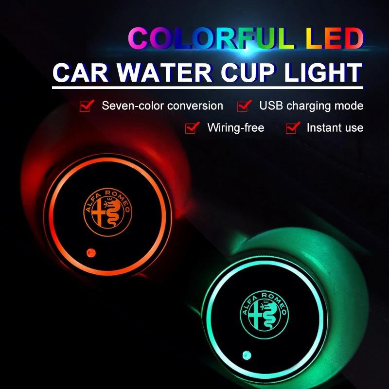 7 Colors Car LED Luminous Water Cup Pads Auto Coaster Mats For Alfa Romeo Giulia Stelvio Giulietta 156 159 147 Mito Tonale Brera zl9
