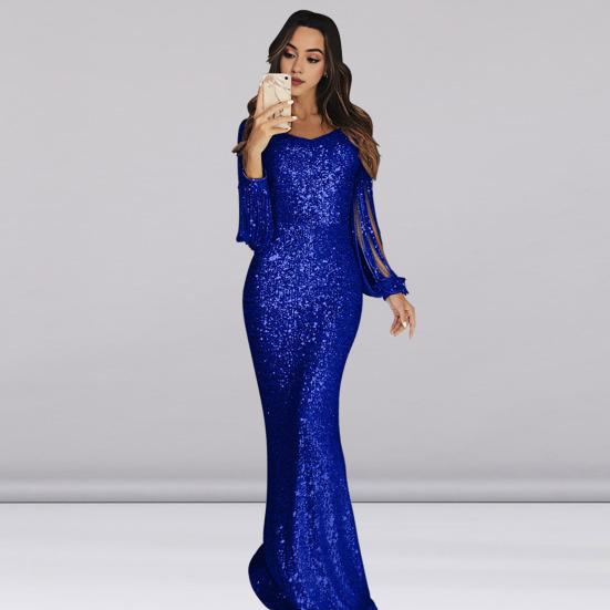 Женское платье для выпускного вечера с кисточками и рукавами-футляром, облегающее платье с V-образным вырезом, однотонное вечернее платье с блестками и рыбьим хвостом, коктейльное платье макси