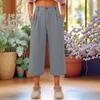 Capris Pants For Women Cotton Linen Casual Summer Straight Wide Leg Loose Drawstring Elastic Waist Cropped Trouser