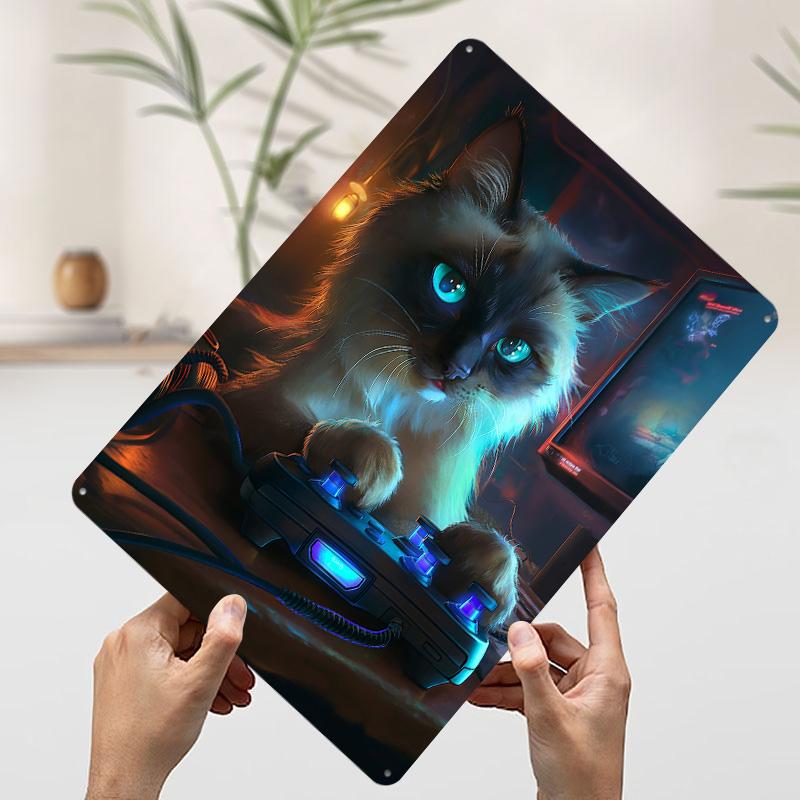 Gamer Cat With Controller and Screen Printed Poster Customized Wall Art Retro Vintage Metal Tin Signs for Wand Deko Home Decor