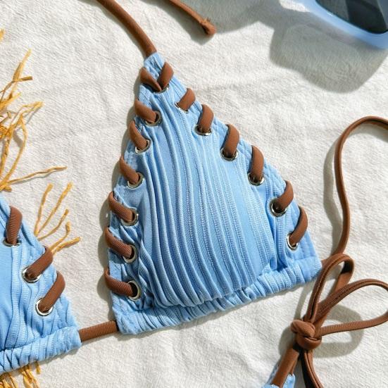 2 шт./комплект женский комплект бикини сексуальный плиссированный пэчворк цветной бюстгальтер халтер высокая талия плавки комплект со шнуровкой пляжный купальник