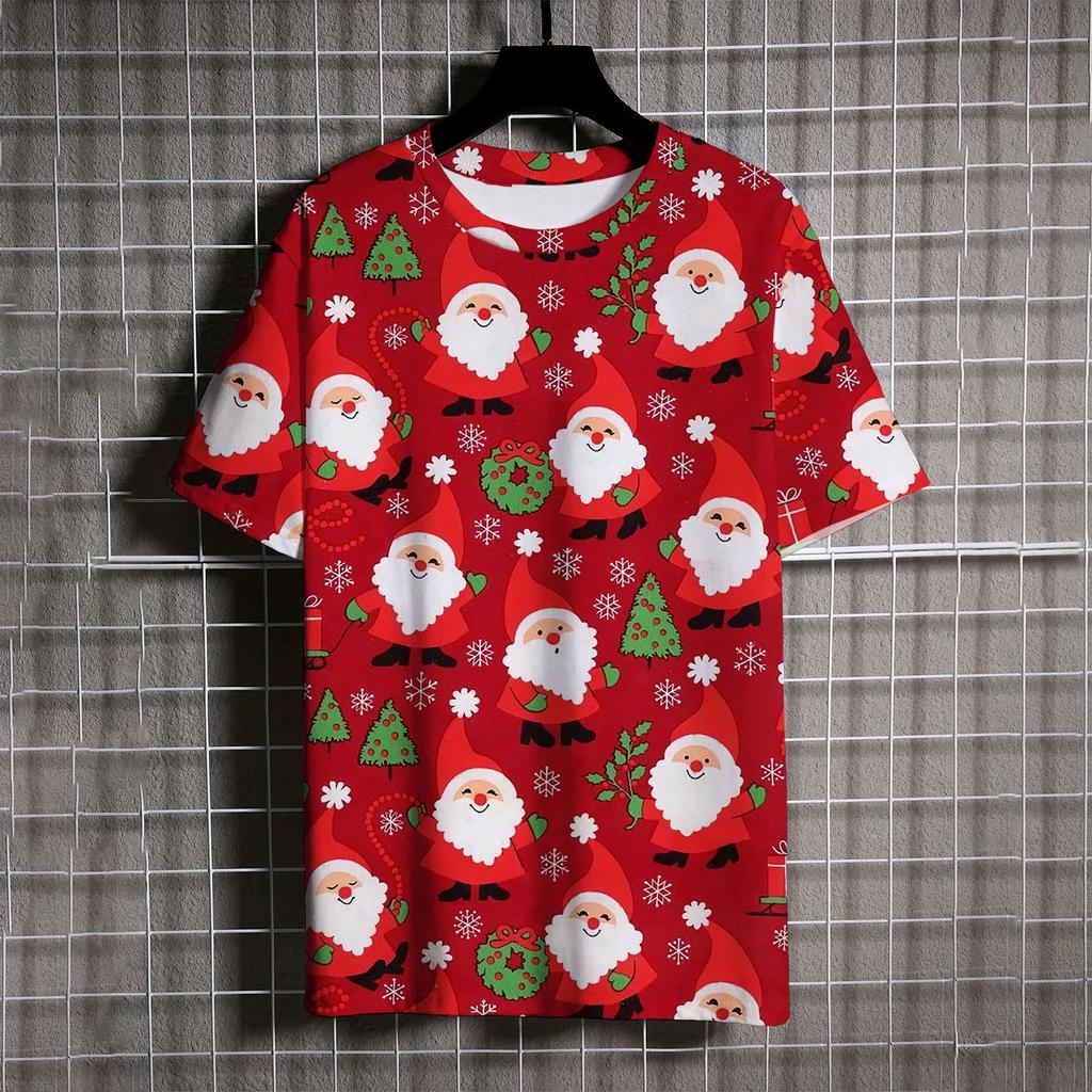 Santa Claus Print T Shirt For Men Cartoon Snowman Pattern Short Sleeve Loose Top Casual O-neck Boys and Girls Tee X'mas Clothing