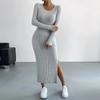 Long Sleeved Round Neck Slit Knitted Long Dress For Women