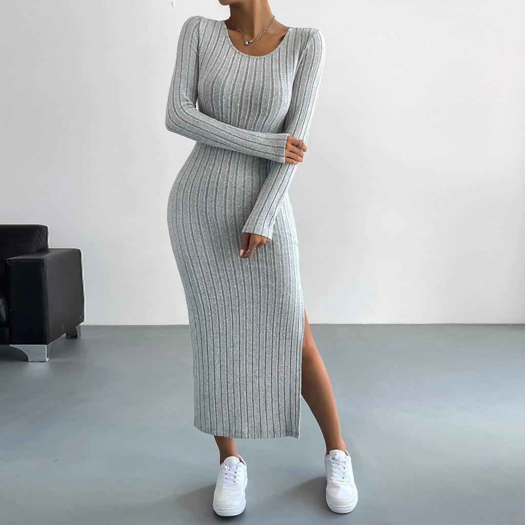 Long Sleeved Round Neck Slit Knitted Long Dress For Women