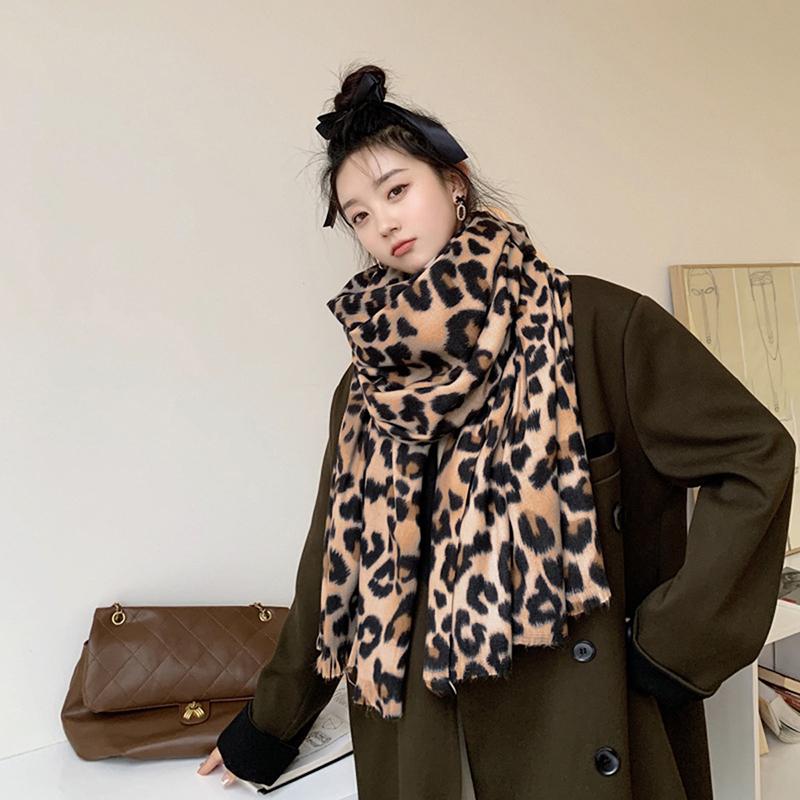 Fashion Printed Leopard Cashmere-Like Scarf for Women Winter Long Shawl Windproof Protection Outdoor Keep Warm Scarves Wrap