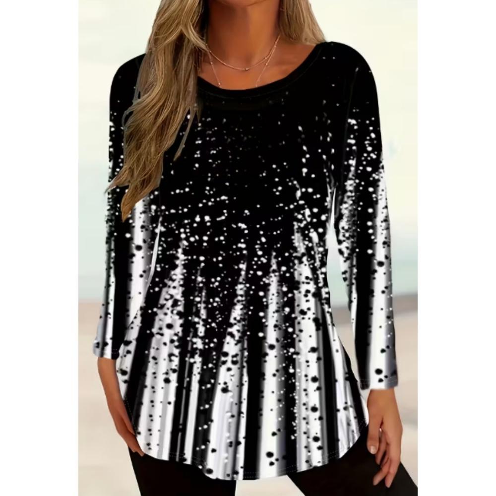 Autumn Women's Fashion Color Blocked Printed Long Sleeved T-shirt V-neck Loose Casual T-shirt Top Women's Clothing