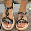 Мода 2025 Лето Пляж Богемные Сандалии Женские Черные Цветочные С Бусинами Большой Размер 43 Плоский Каблук Обувь Женская Нескользящие Шлепанцы Sandalias Mujer
