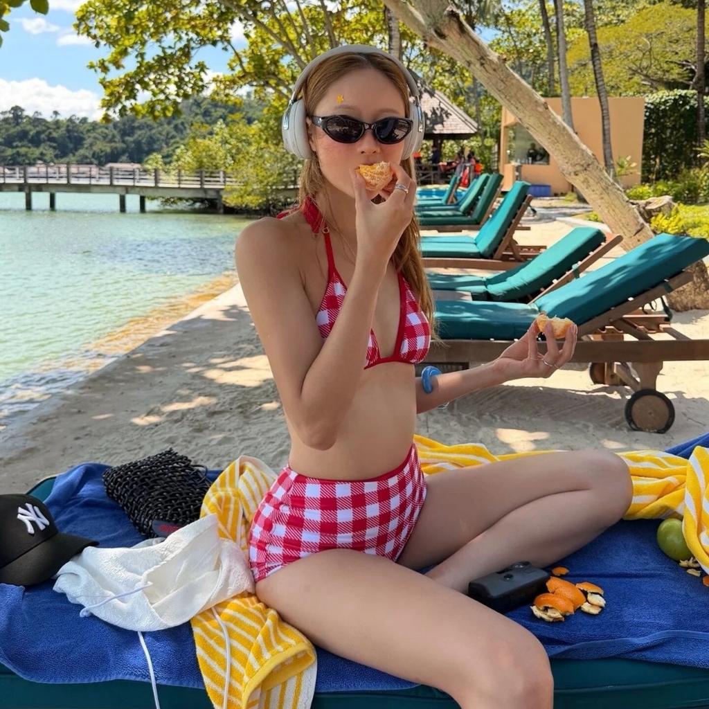 European and American style bikini retro plaid sexy tube top conservative flat angle pure desire girl small chest vacation swimsuit