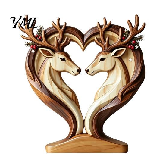 Creative Animal Love Silhouette Wooden Ornament with Stable Base, Double Layer Carved Figurine, Solid Wood Holiday Table Decor Heart Shape Sculpture
