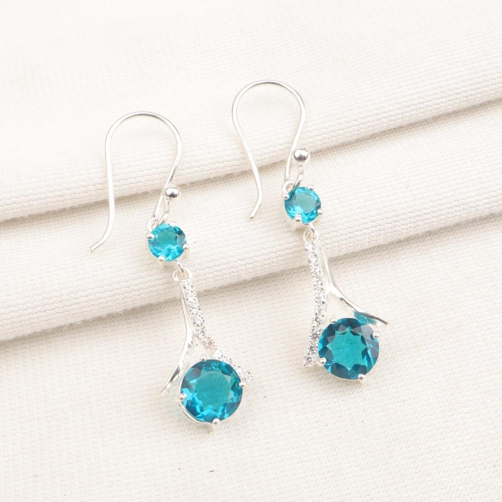 Натуральный Апатит Драгоценный Камень 925 Стерлинговое Серебро Циркон Серьги-Капли/Подвески 1.84" CZE-9-1