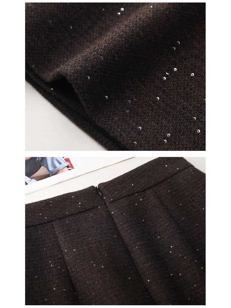 Autumn 2025 Women's High Waist Woolen Midi A-line Bodycon Pleated Skirt