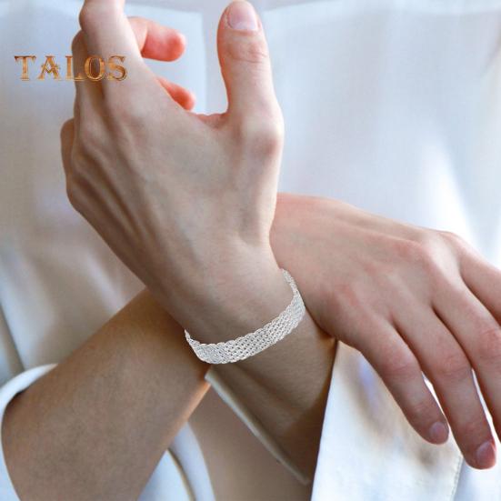 Women Bracelet Adjustable Braided Hollow Out Silver Color Polished Wide Couple Bangle Daily Wear Prom Wrist Jewelry Holiday Gift