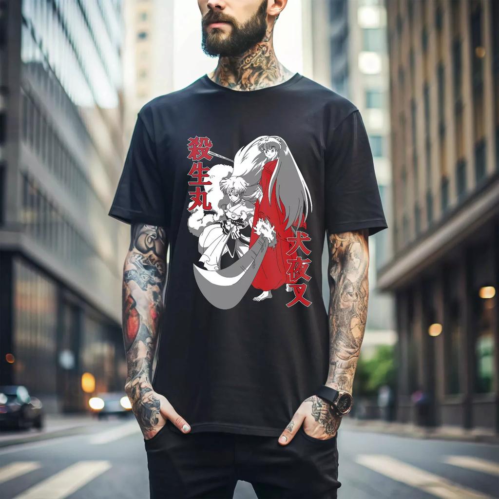 100% cotton TOPS UNISEX TEES MENS WOMENS Inuyasha Sesshomaru T-shirt Red Moon Inu Yasha Kawaii Anime Tee Shirt Black 299