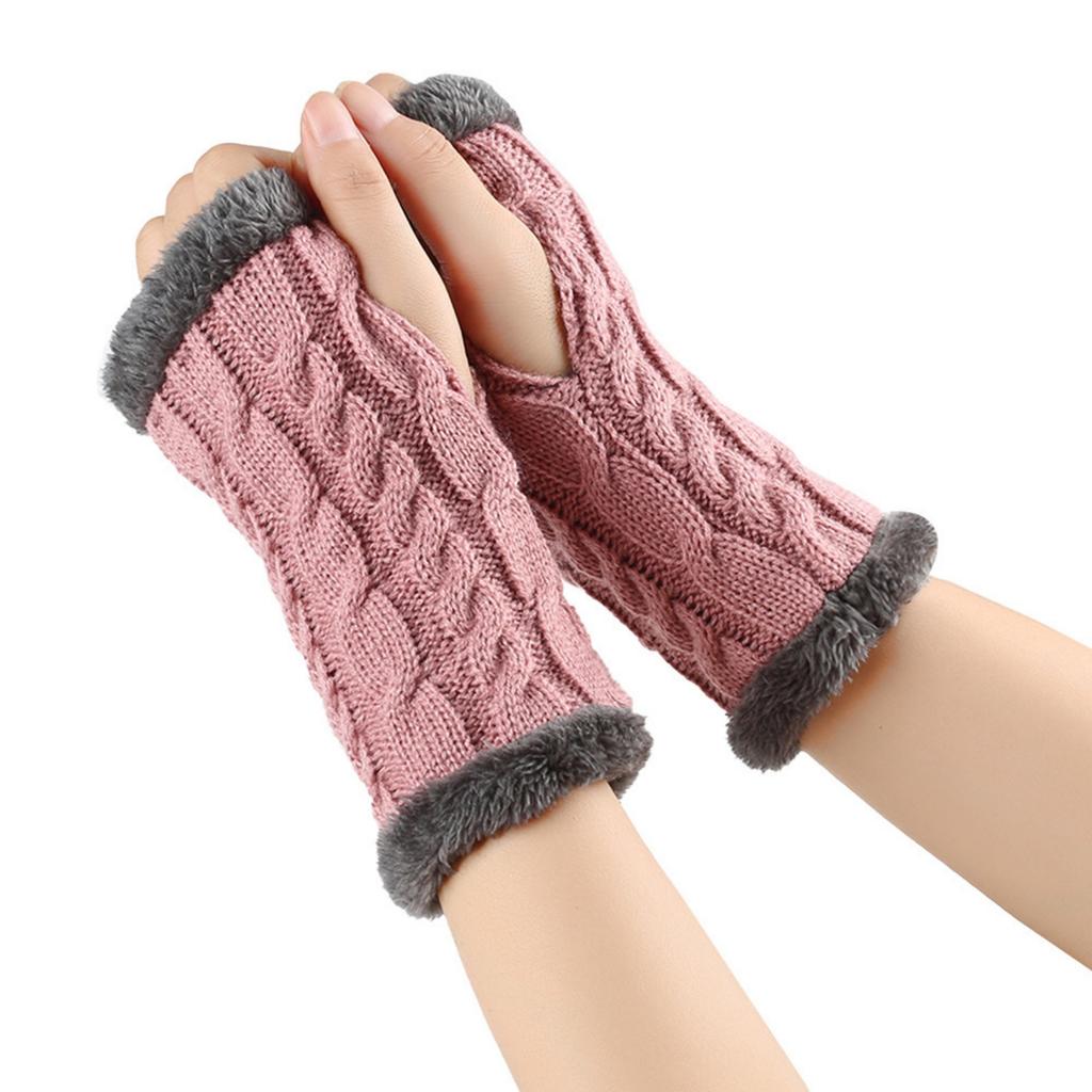 Women's Winter Warm Wool Gloves, Fingerless Twisted Knit Color Short Gloves