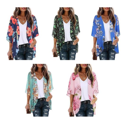 Women Beach Shirt 45720 Sleeve Mid-length Sunscreen Tops Floral Print Breathable Loose Fit Beach Shawl