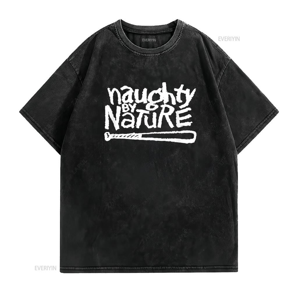 Naughty By Nature White Classic Logo T Shirt vintage Washed Breathable fashion homme Casual Stylish Versatile graphic Soft
