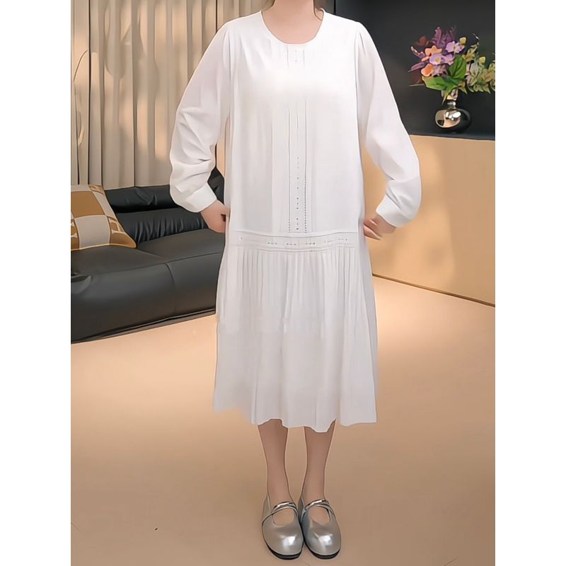 Plus-Size Women's Korean-Style Round-Neck Lace Hollow-Out Long-Sleeve Dress 2026 Spring Elegant Versatile Dress