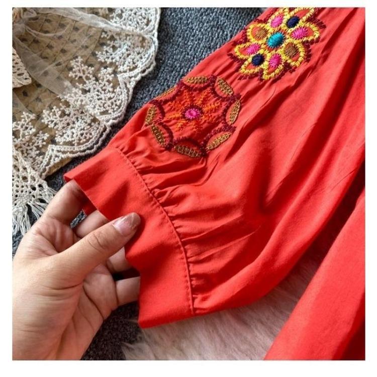 Casual Dresses - Vintage Printed Loose Dress for Woman V Neck Oversized Long Sleeve Casual Lace Dresses Long