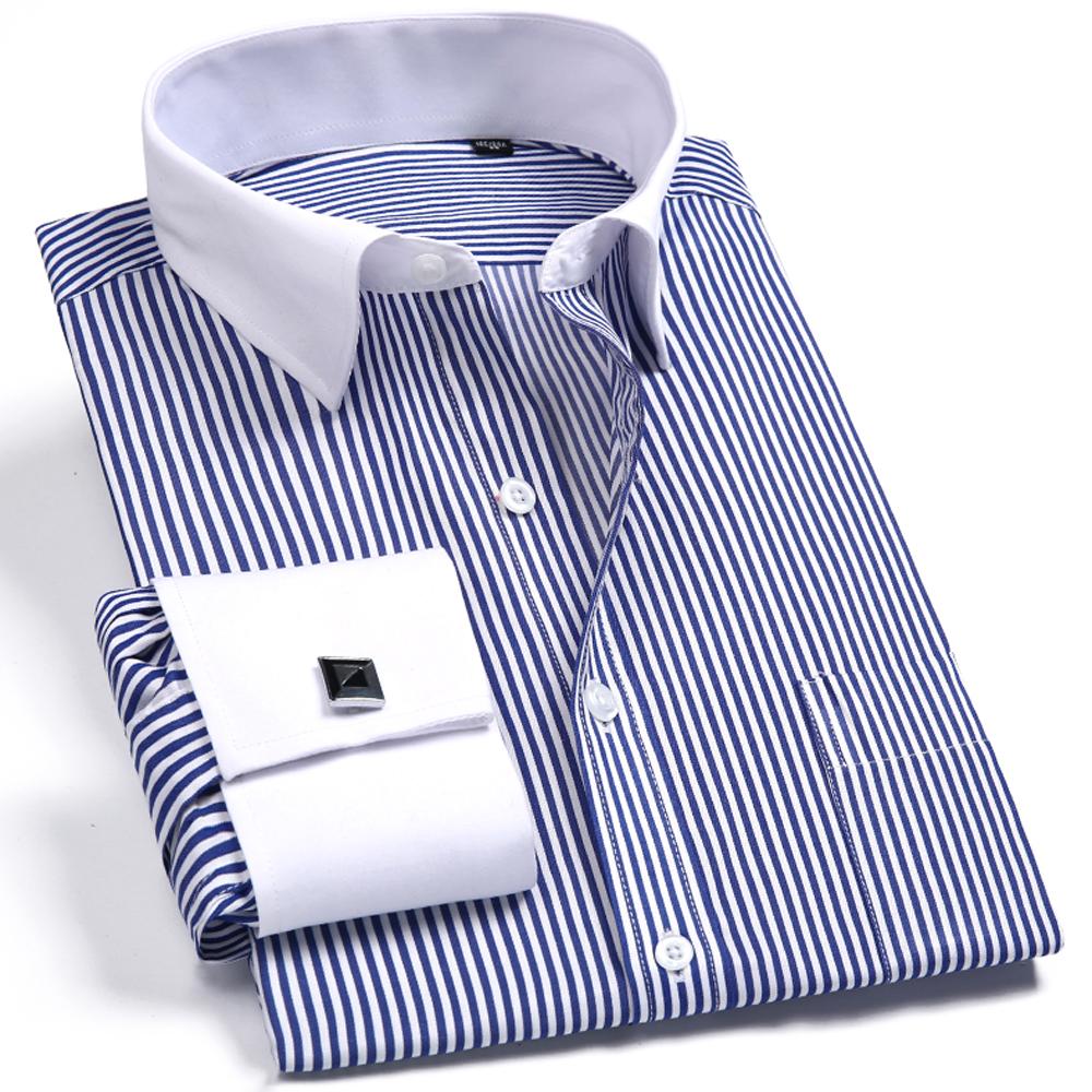 Men's Elegant French Cuff Spread Collar Striped Dress Shirt with Chest Pocket for Formal Business Wedding, Free Metal Cufflinks Included