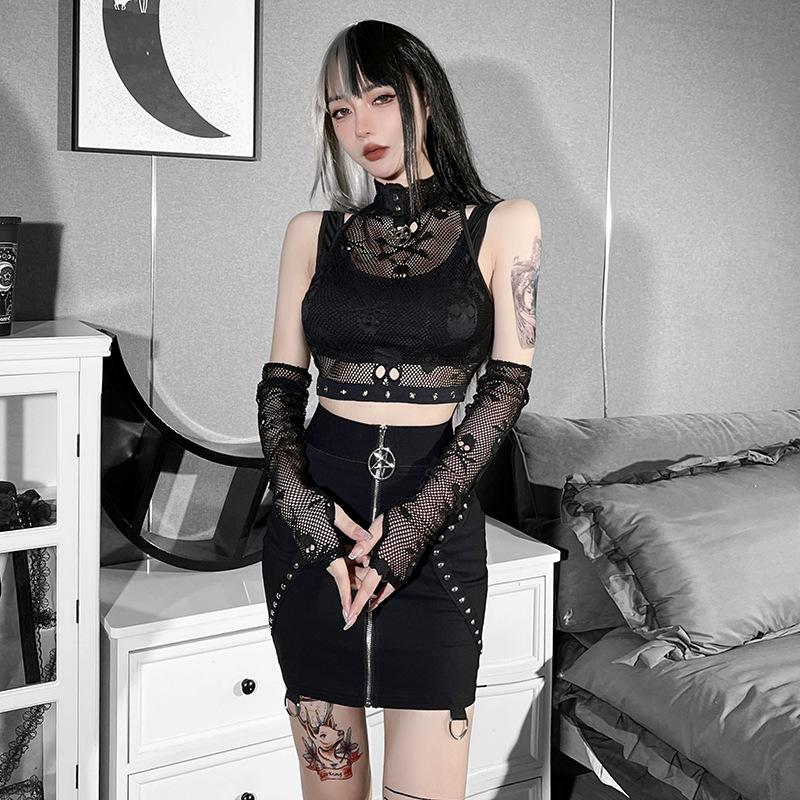 Готические сетчатые укороченные топы с черепом, черная кружевная майка, узкая футболка в стиле панк с перчатками