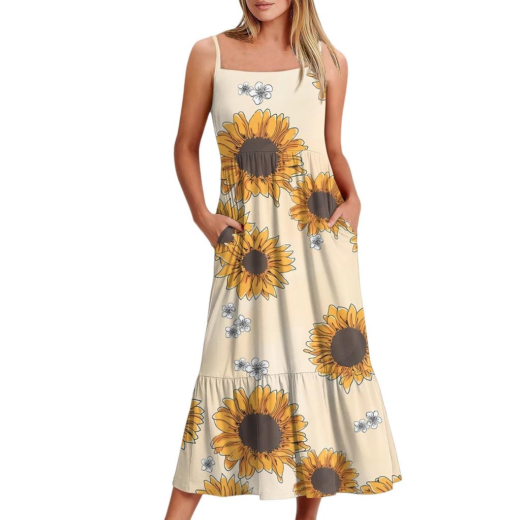 Женское длинное пляжное повседневное элегантное платье макси на тонких бретельках с цветочным принтом, струящееся платье в стиле бохо