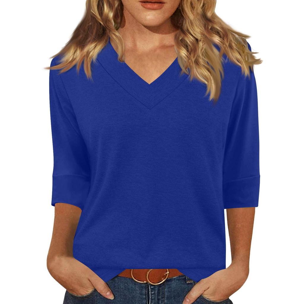 Women's Fashion Casual V Neck 3/4 Sleeve Loose Printed T-Shirt Ladies Top