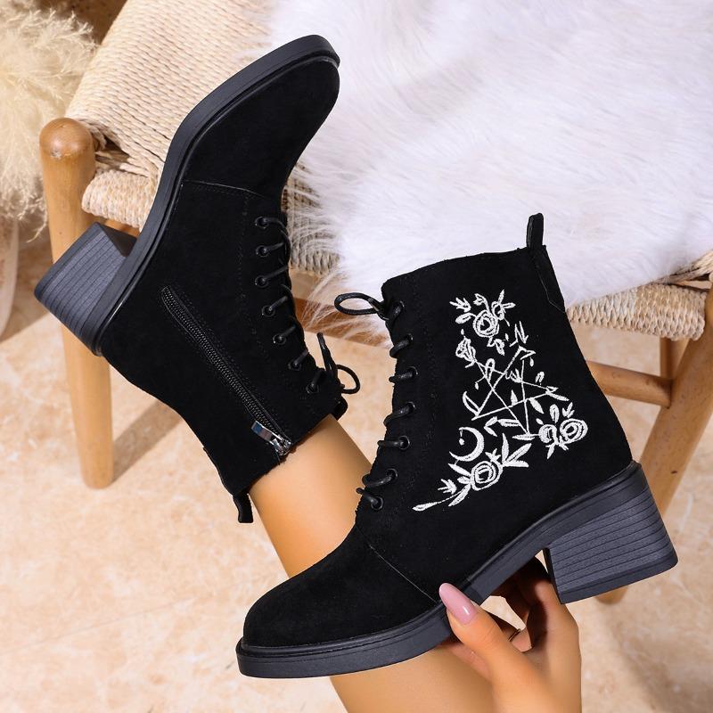 Vintage Embroidered Mid-heel Martin Boots Women's Fall 2025 New Plus-size Block Heel Side Zipper Booties