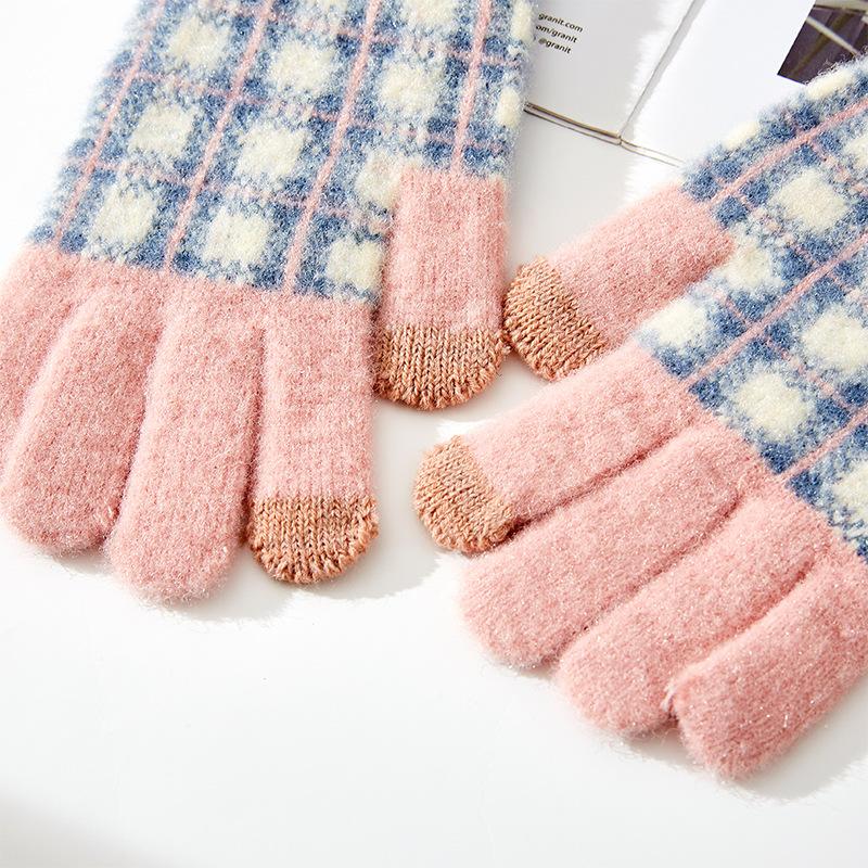 Winter New Full Finger Touch Screen Women's Warm Knitted Woolen Gloves with Checkered and Fleece Interlaced Fingers for Cycling To Keep Warm