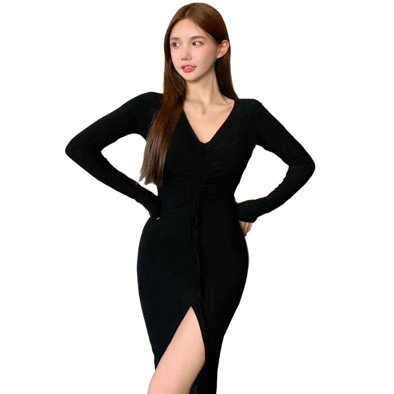 Women's Dress Long Sleeve V-neck Slim Sexy Black Drawstring Dress Solid Color