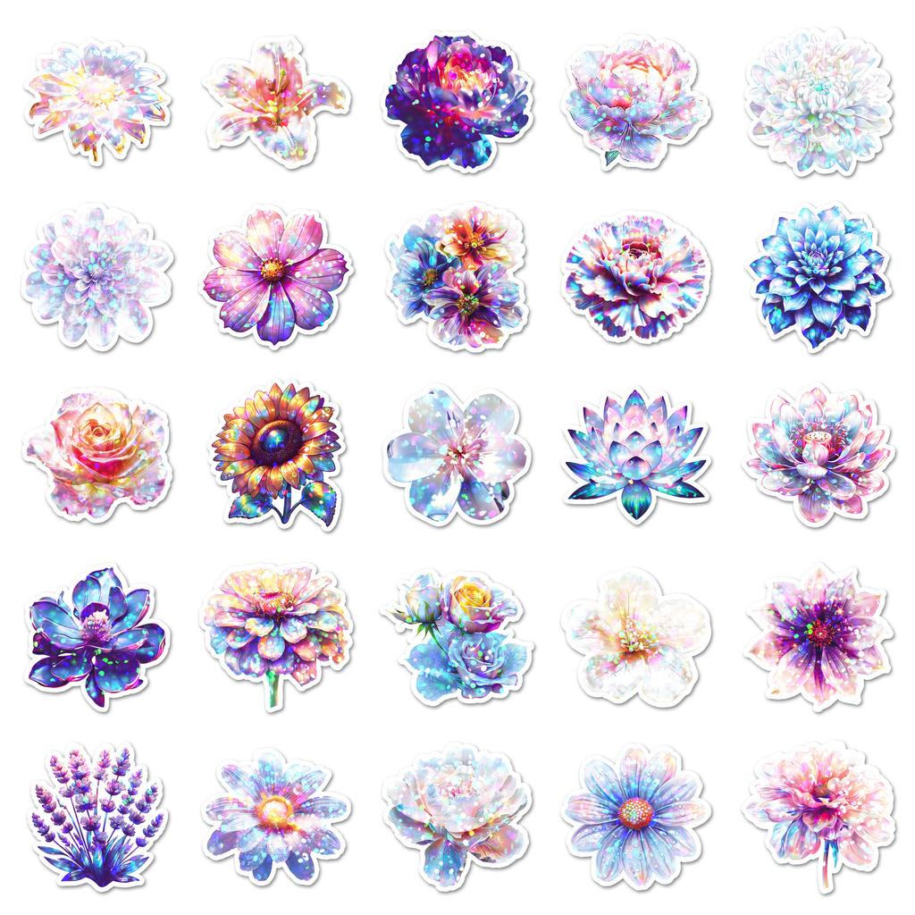 50PCS Flashing Flower Sticker Laser Plant Flower Creative Holographic Waterproof Decorative Phone Computer Sticker