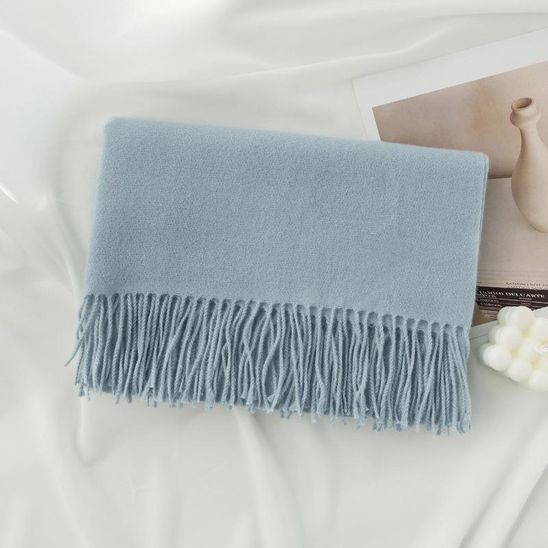 Blue Green Scarf for Girls with A Sense of Atmosphere In Winter Versatile Solid Color Long Scarf Imitation Cashmere Tassel Shawl Scarf Cold Color