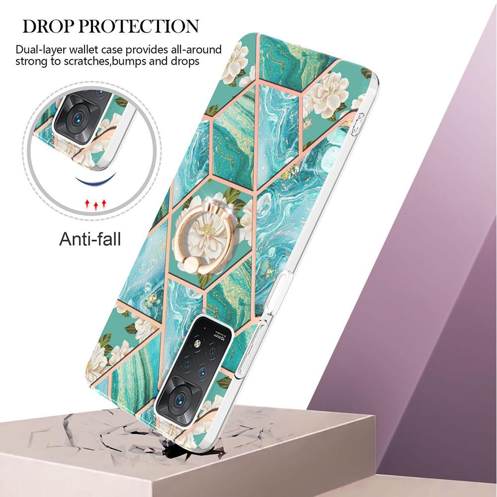 Ультратонкий чехол для телефона Ring Bracket Golden Border Grid Marble Flower IMD для Xiaomi Redmi Note 11S, Note 12 Pro 4G, Xiaomi 11T, Redmi 10, Poco X3 NFC...