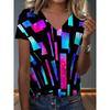 Womens V-Neck Loose Fit Short Sleeve T-Shirt With Colorful Geometric Starry Print Casual Top