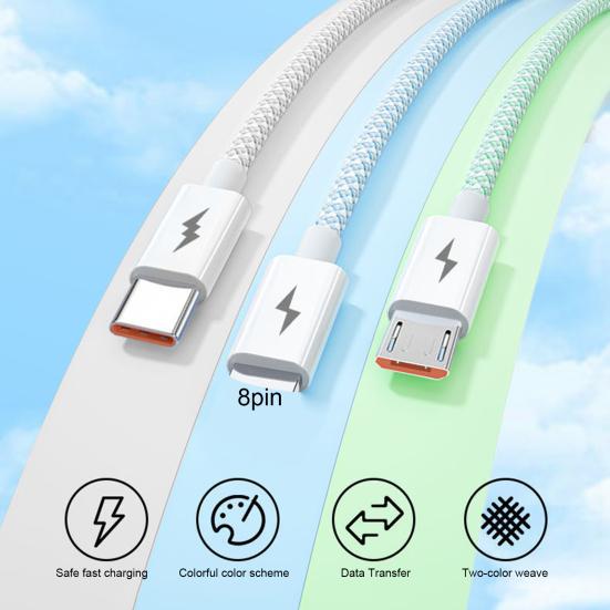 Fast Charging Cable 3-in-1 Anti-Winding with Smart Chip 66W 6A Multi-Device Support Charging Cable Phone Supplies