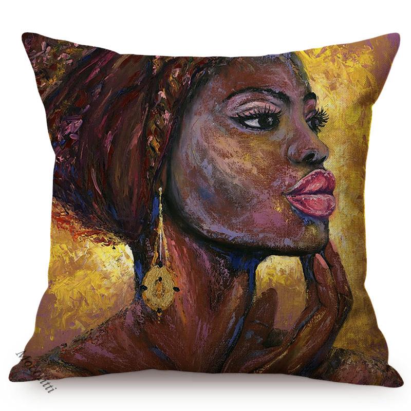 African Black Woman Portrait Oil Painting Sofa Decoration Pillow Case Africa Girl Lady Style Cotton Linen Cushion Cover