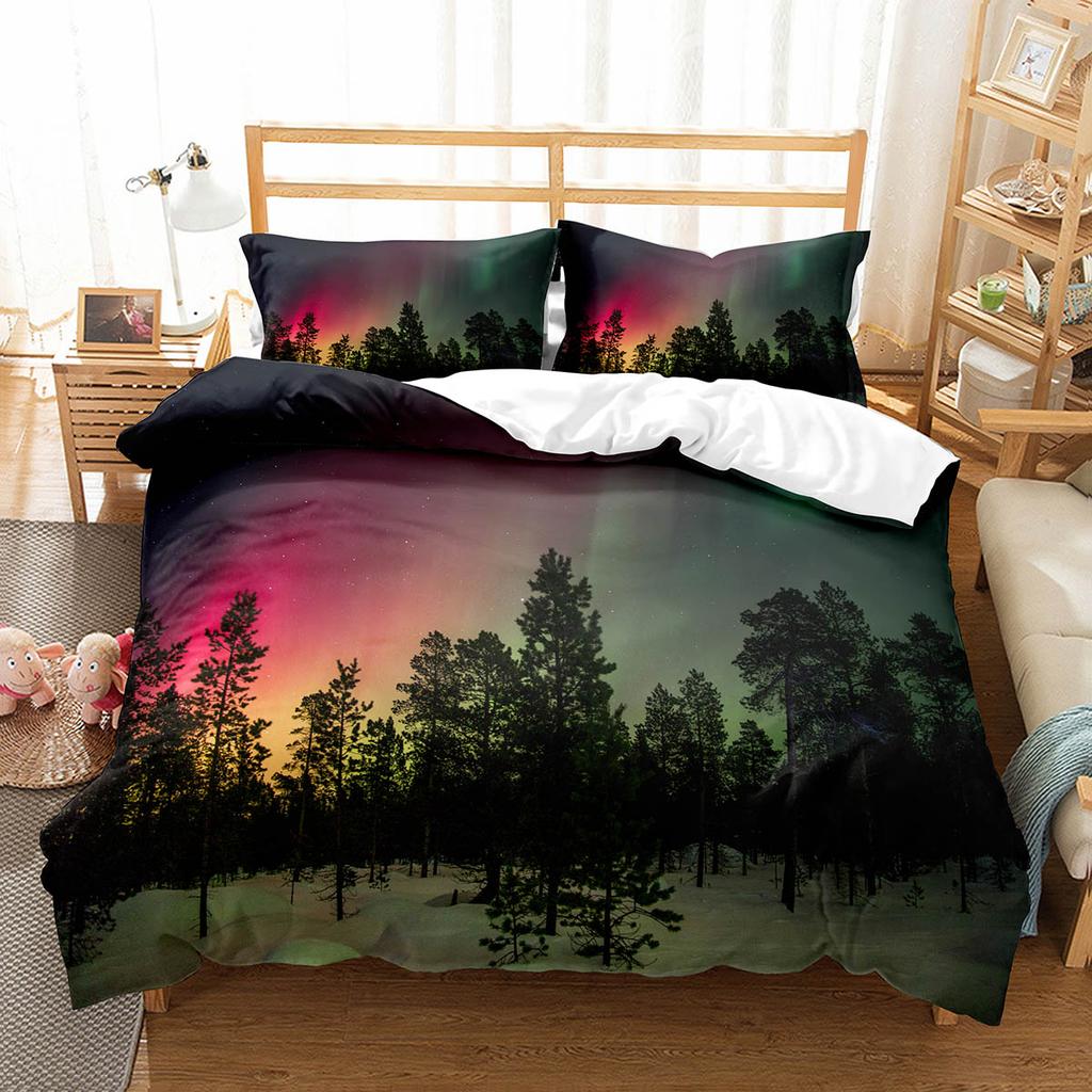 Пододеяльник Кинг/Квин Северное сияние Набор постельного белья с природным пейзажем Красочный пейзаж неба Чехол для одеяла Полиэстер Чехол для одеяла